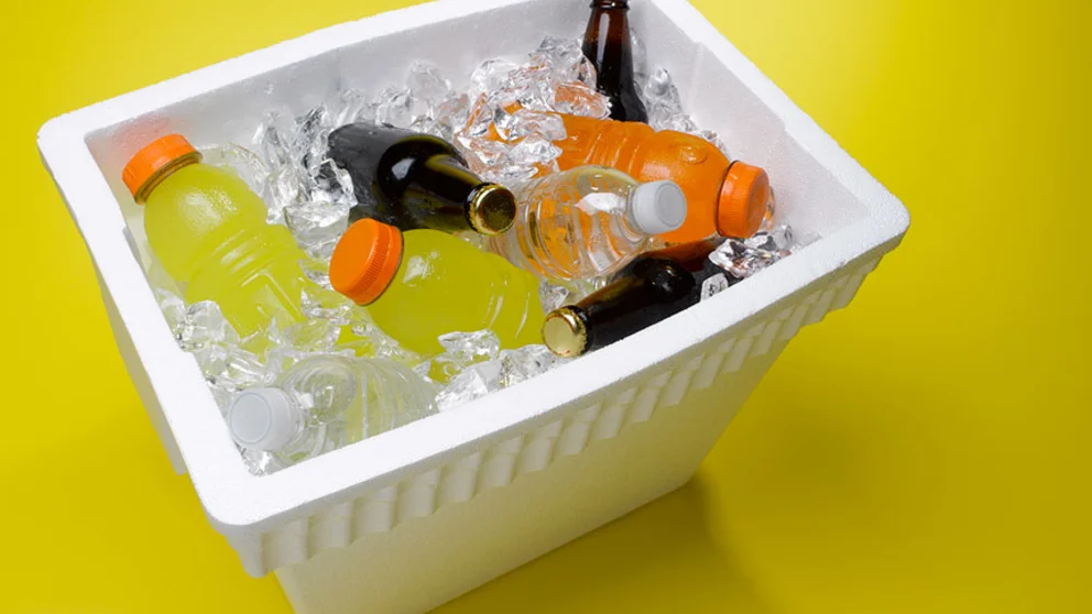 Cooler with sports drinks, sodas, and water
