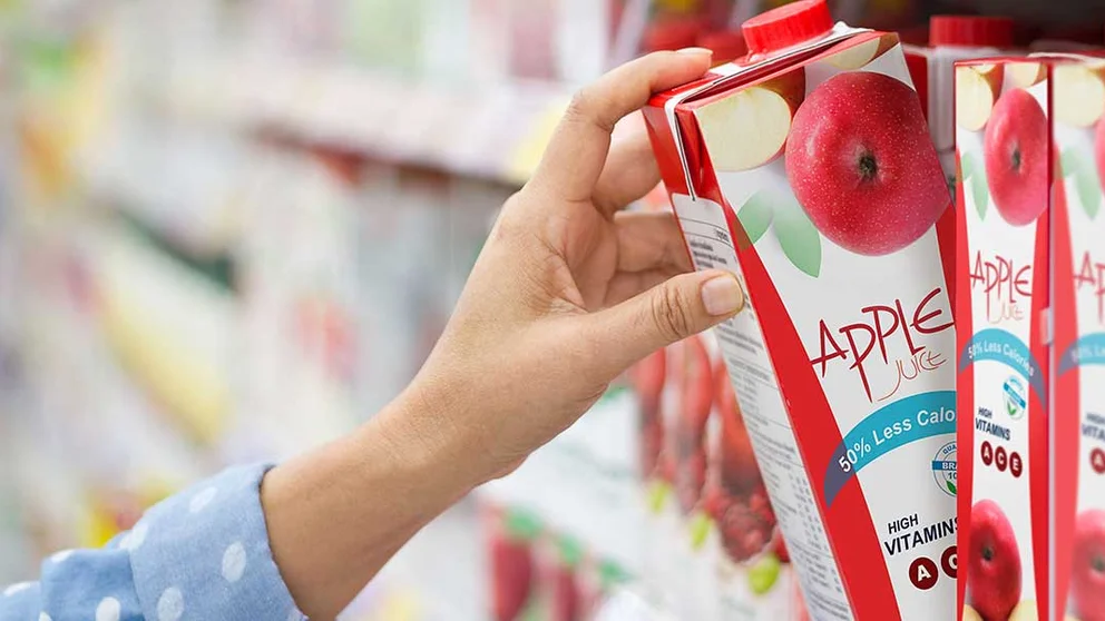 Woman pulling apple juice off the grocery shelf