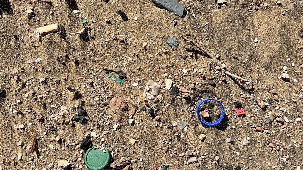 Beach sand with visible plastic debris