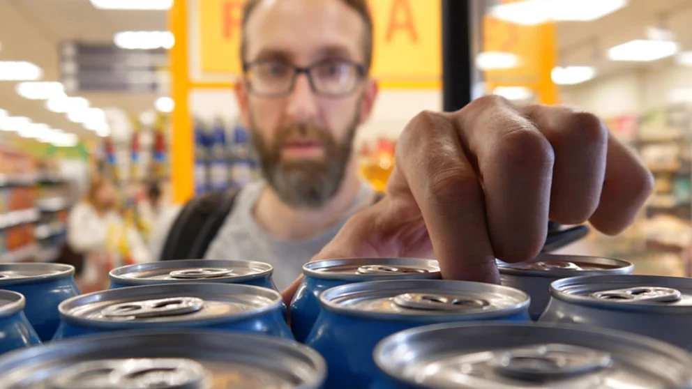 Man grabbing can of soda off supermarket shelf