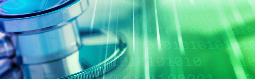 Stethoscope on a digital data background symbolizing AI and healthcare innovation.